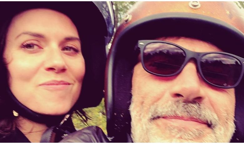 Jeffrey Dean Morgan and wife Hilarie Burton ride on a motorcycle.