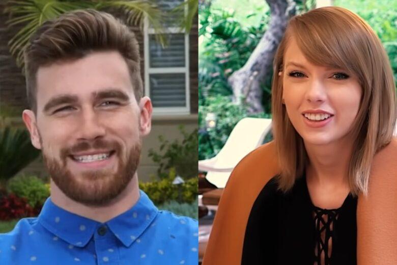 Taylor Swift and Travis Kelce smiling.