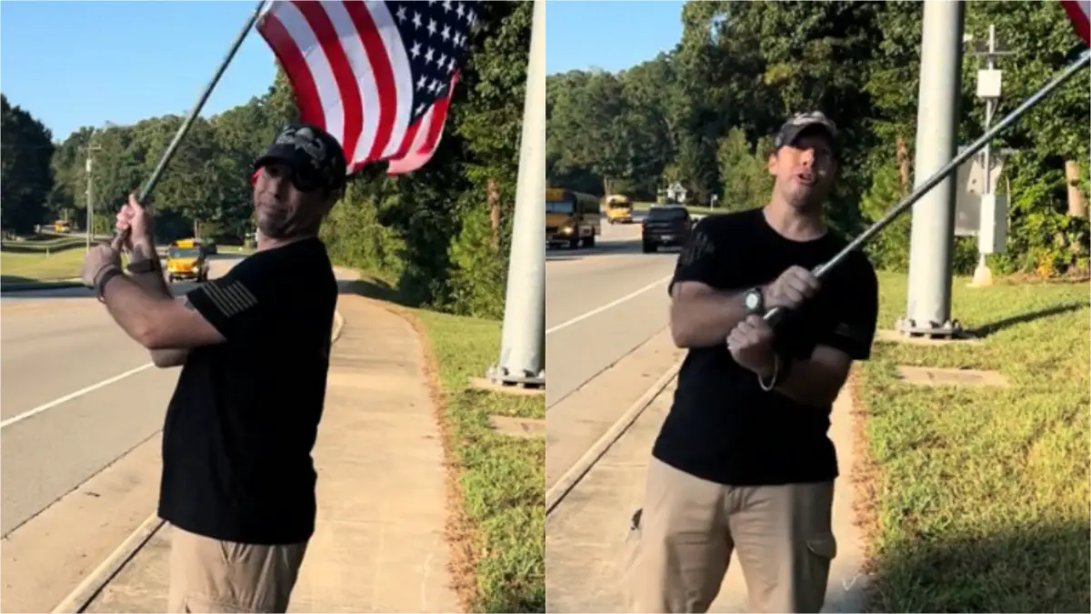 Virginia man waves flag outside school while yelling nasty obsenities