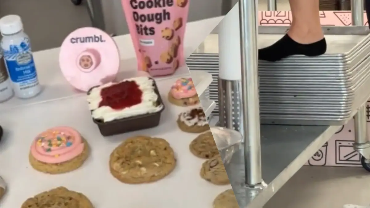 Florida Crumbl Cookie employee places foot on baking sheet